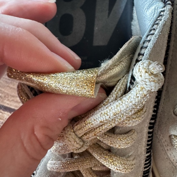 ⭐️ P448 Women’s Sneakers - Size 38 (US 8)  - Black/white Suede with Gold Accents - Picture 4 of 9